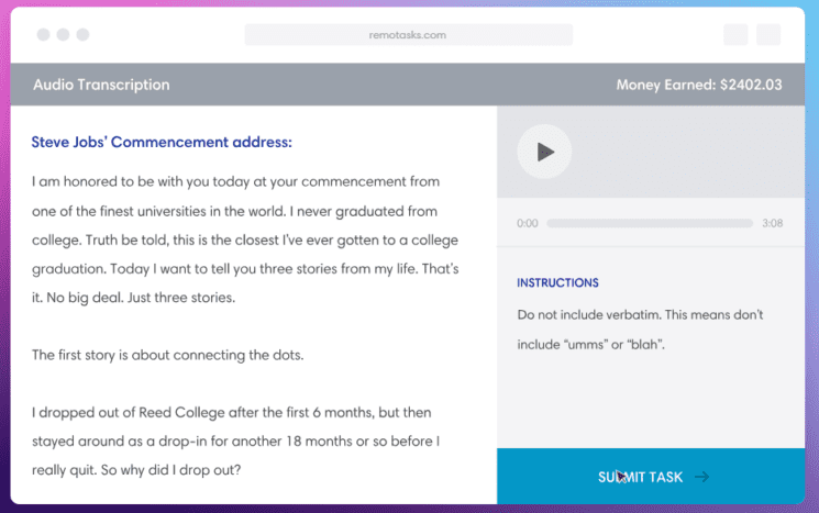 Transcription work on Remotasks