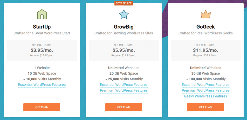 SiteGround Web Hosting Plans Comparision table